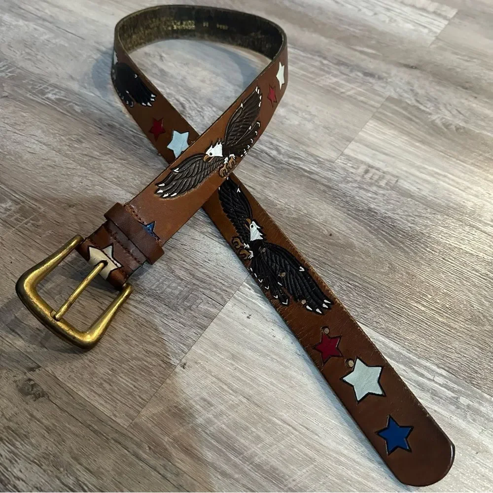 Genuine Full Grain Leather Belt Size 36 Hand Painted Eagle Patriotic Stars Brown